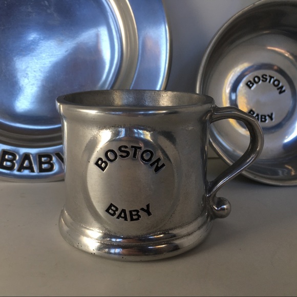 Boston Baby Set Wilton Pewter 8" Plate Bowl Cup Mug Vintage 1976 3 Piece Gift - Picture 3 of 12